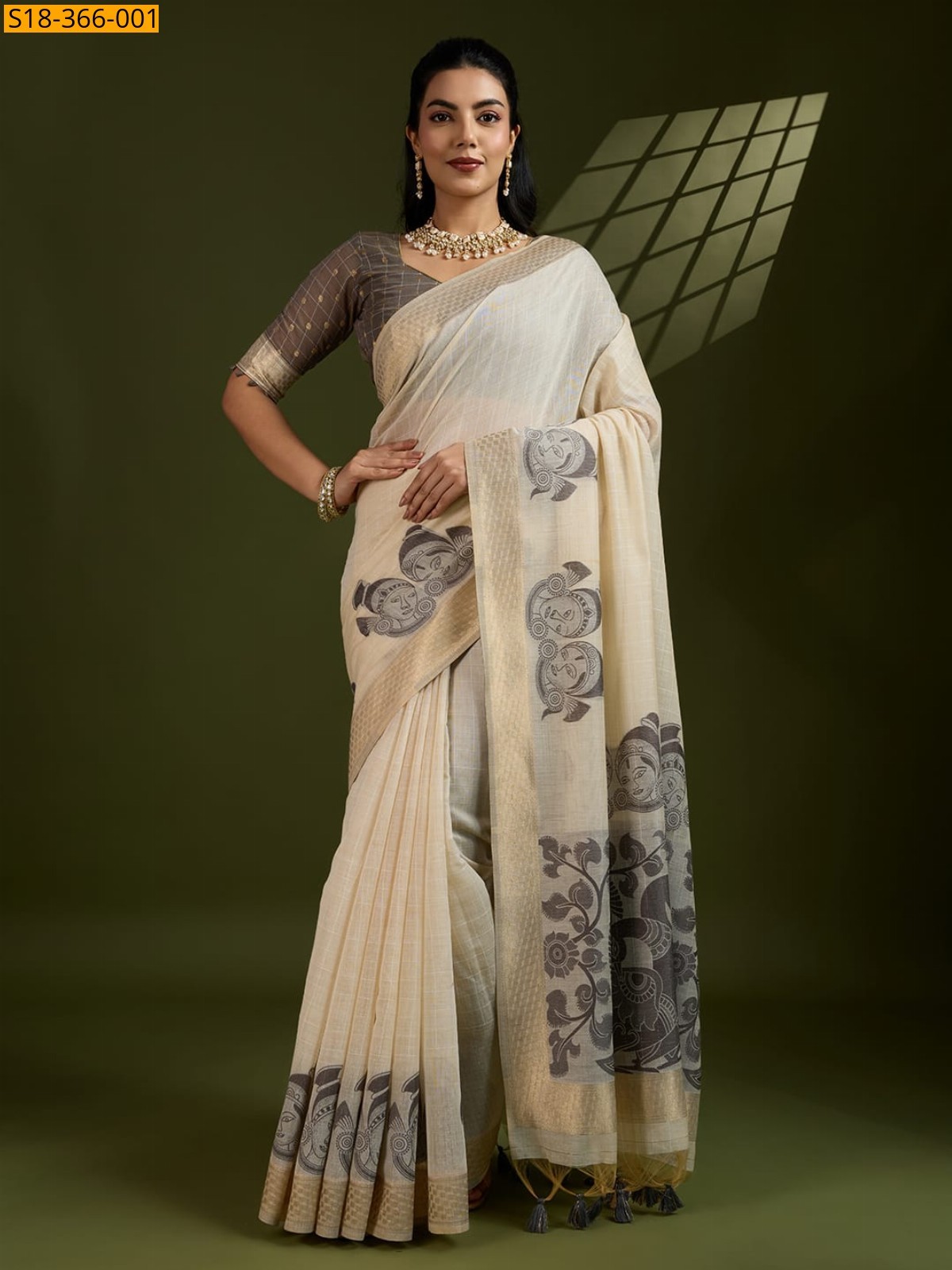 Fancy Muga Cotton saree - Half white