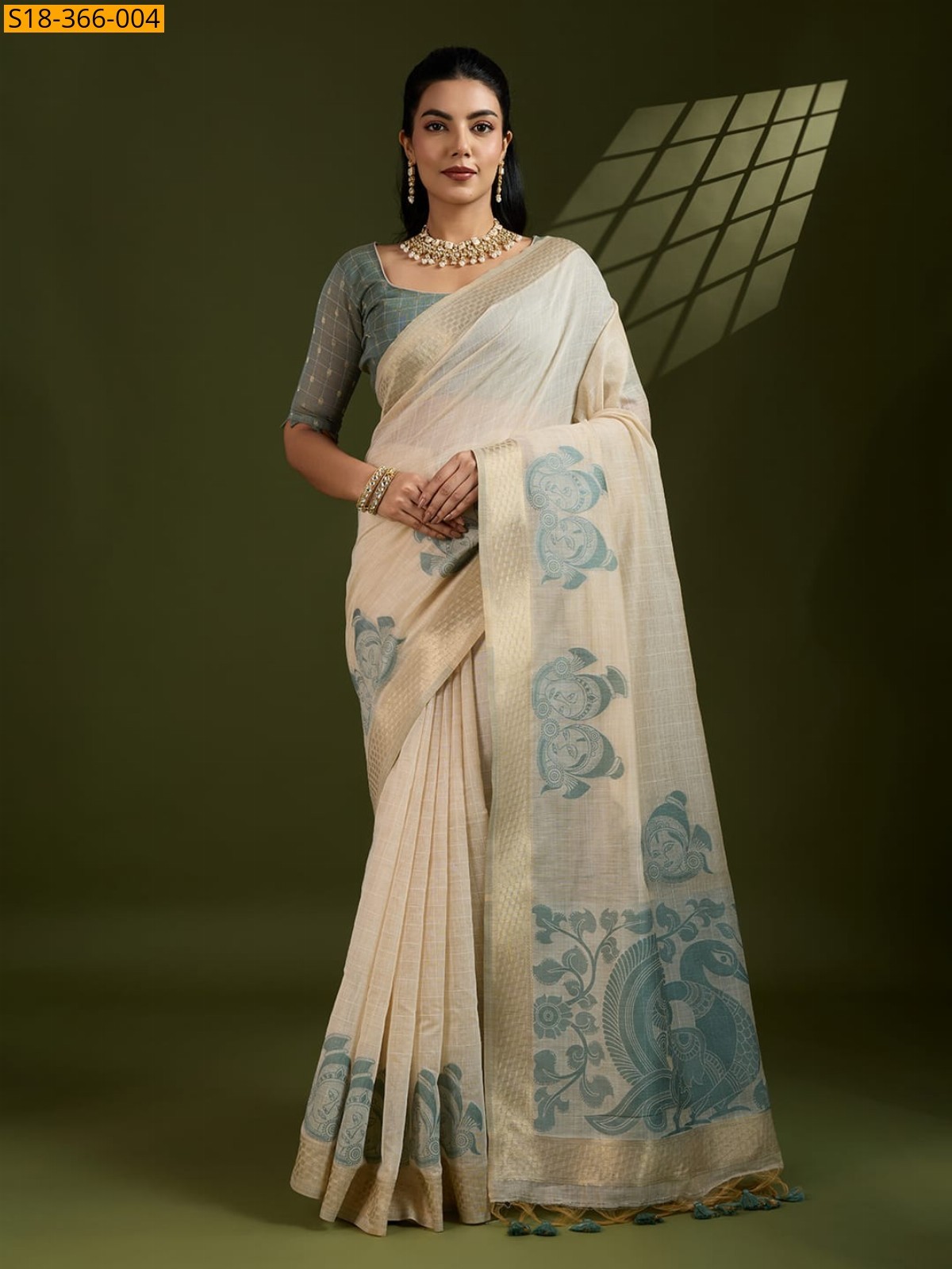 Half white Fancy Muga Cotton saree