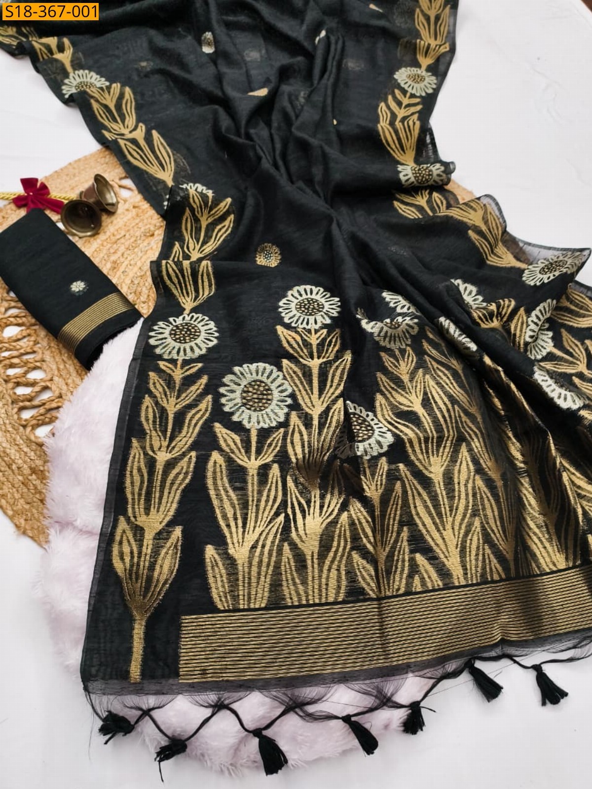 Black Fancy jute linen silk Saree 