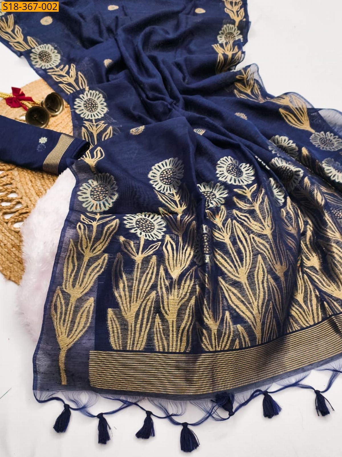 Navy blue Fancy jute linen silk Saree 