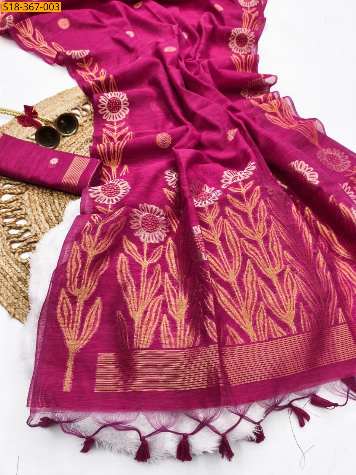 Pink Fancy jute linen silk Saree 