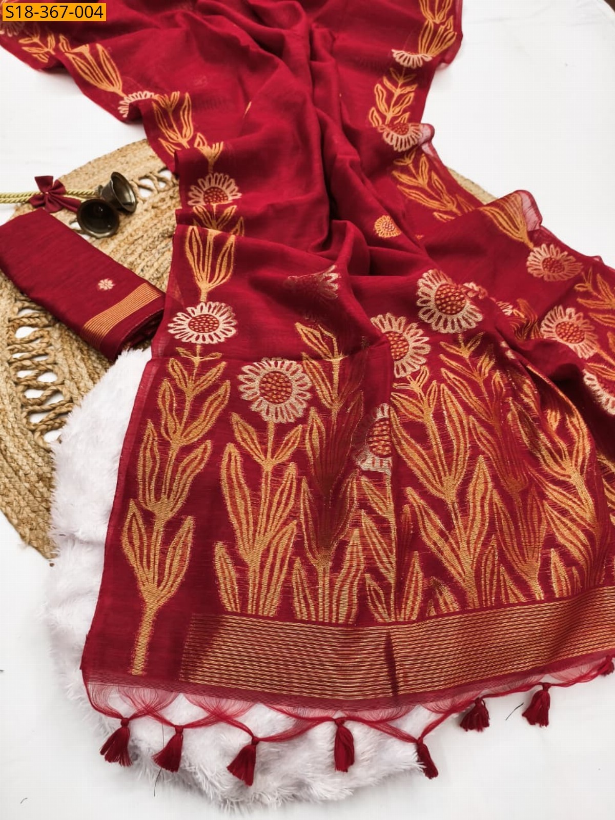 Red Fancy jute linen silk Saree 