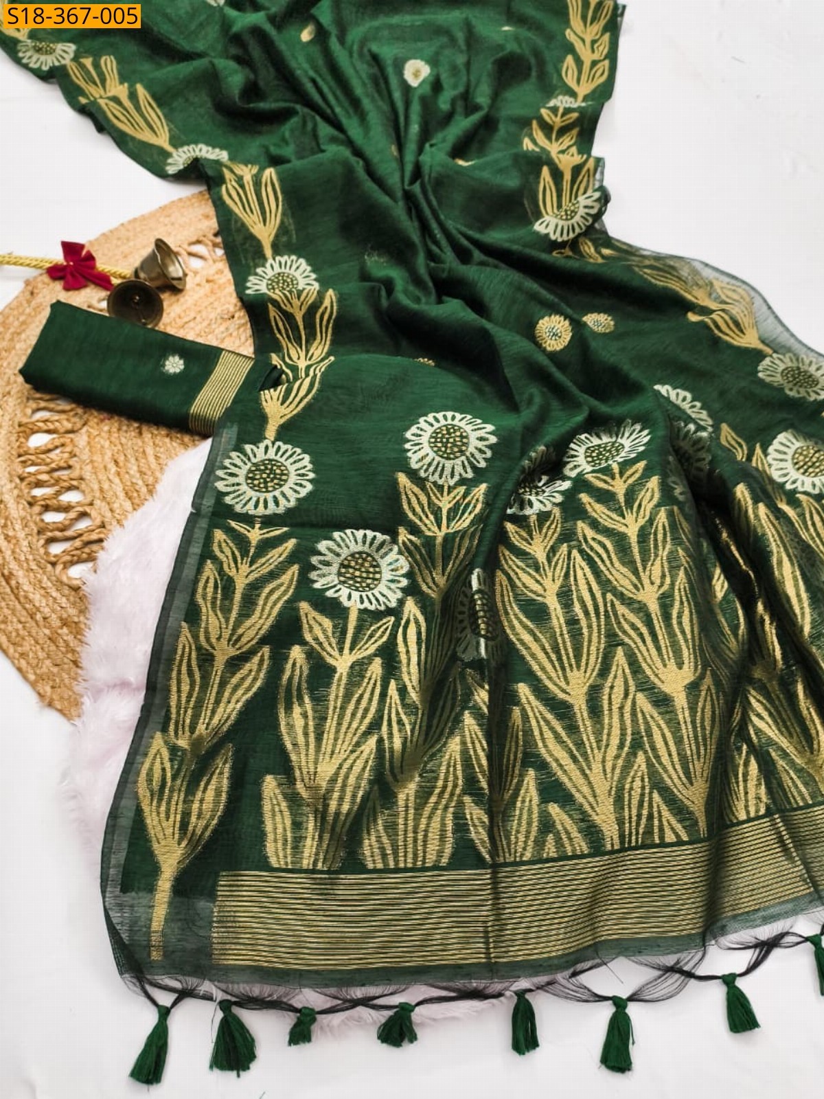 Green Fancy jute linen silk Saree 