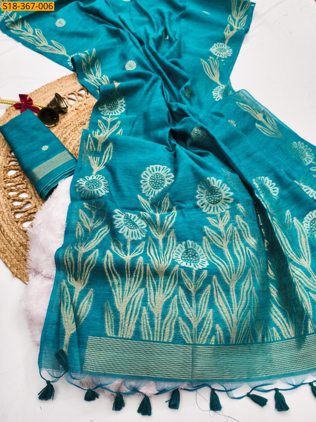 Sky blue Fancy jute linen silk Saree 