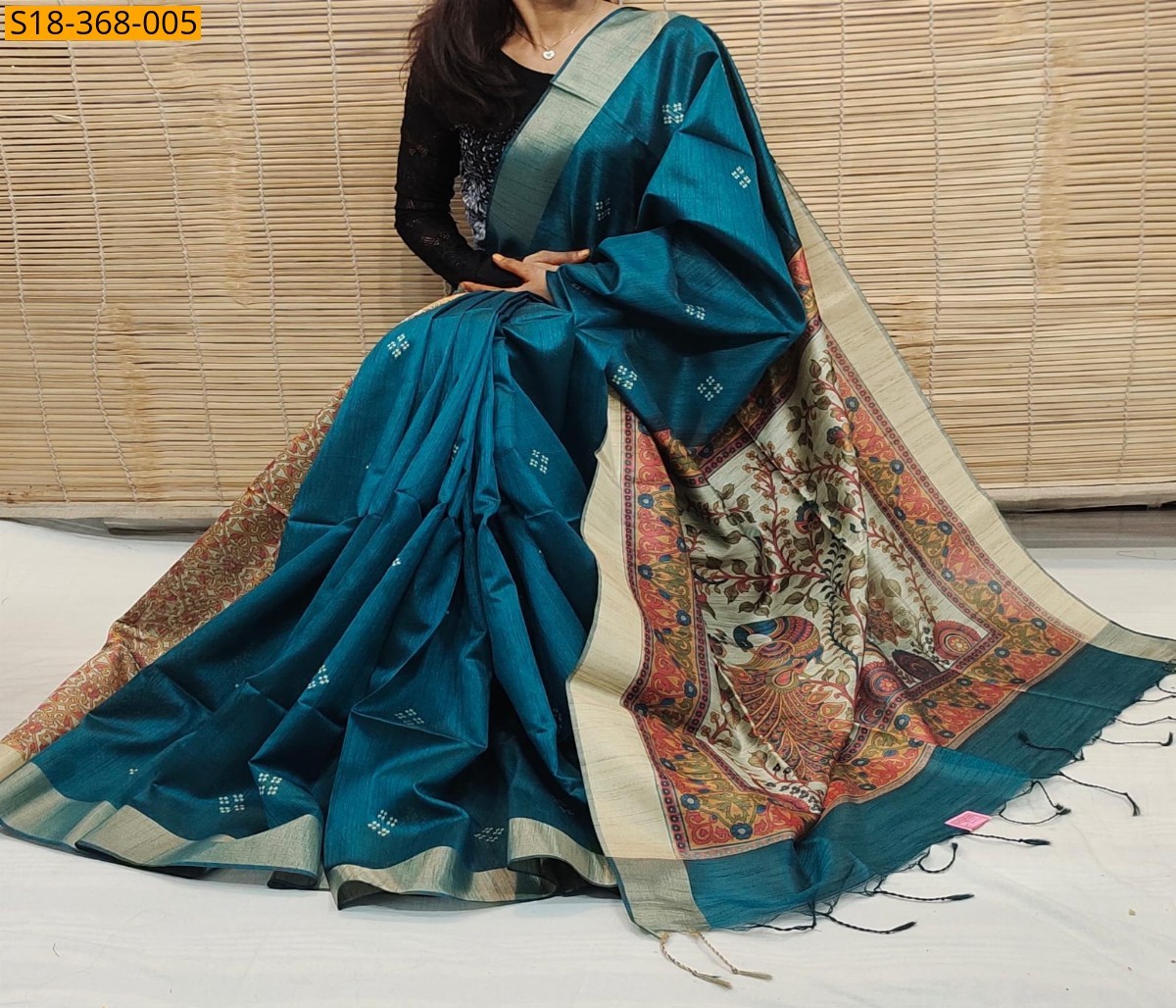Peacock green Fancy Khadi Raw silk saree