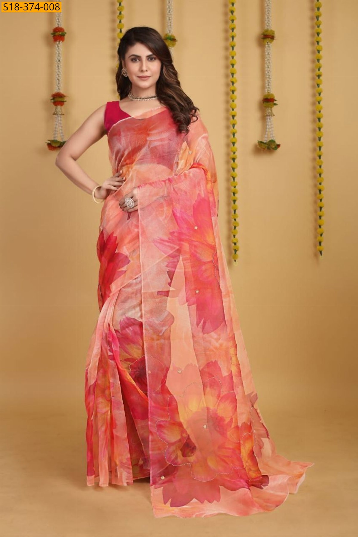 Orange Fancy organza saree