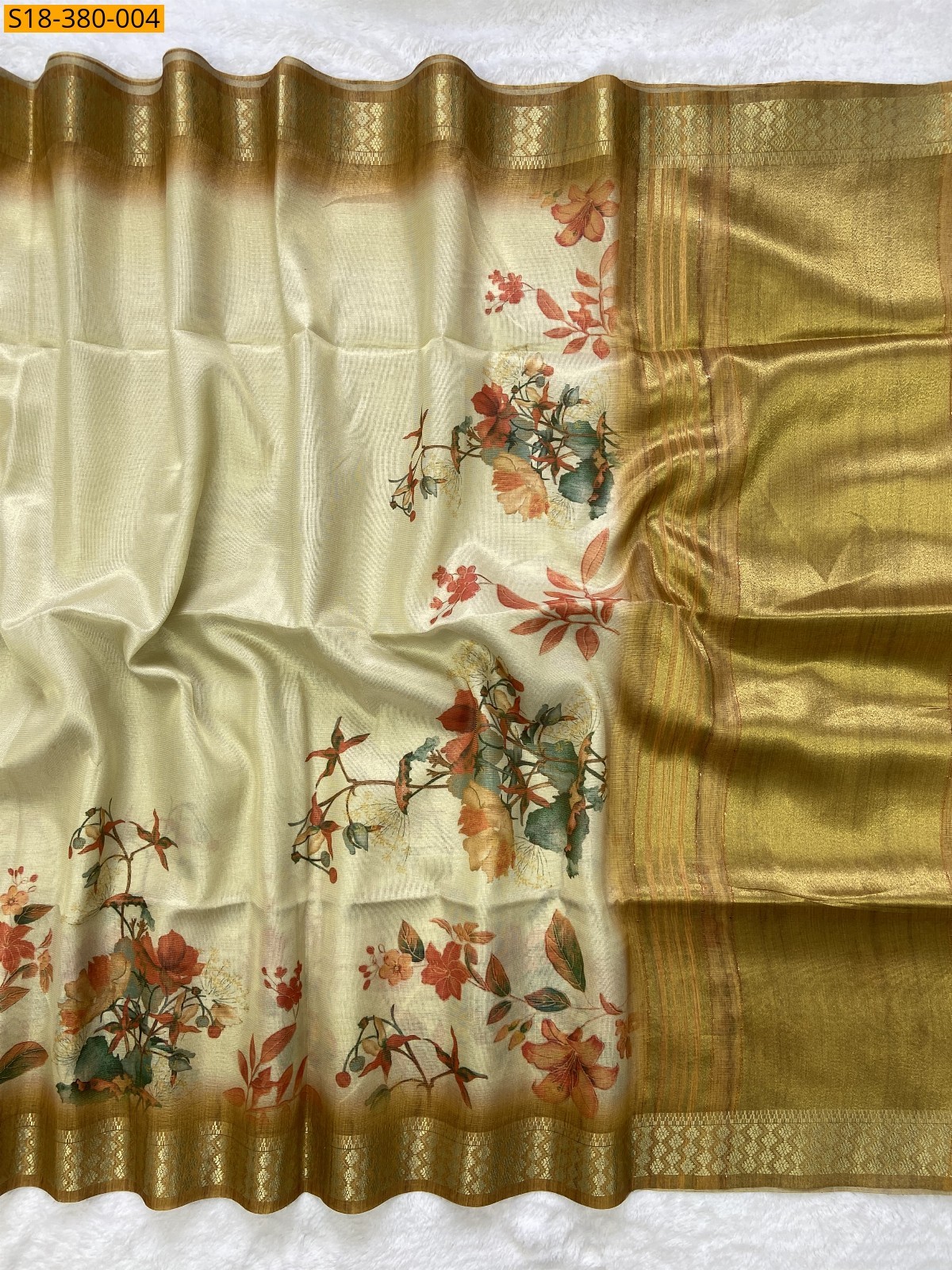 Sandal With Mustard Fancy Tissue Silk saree