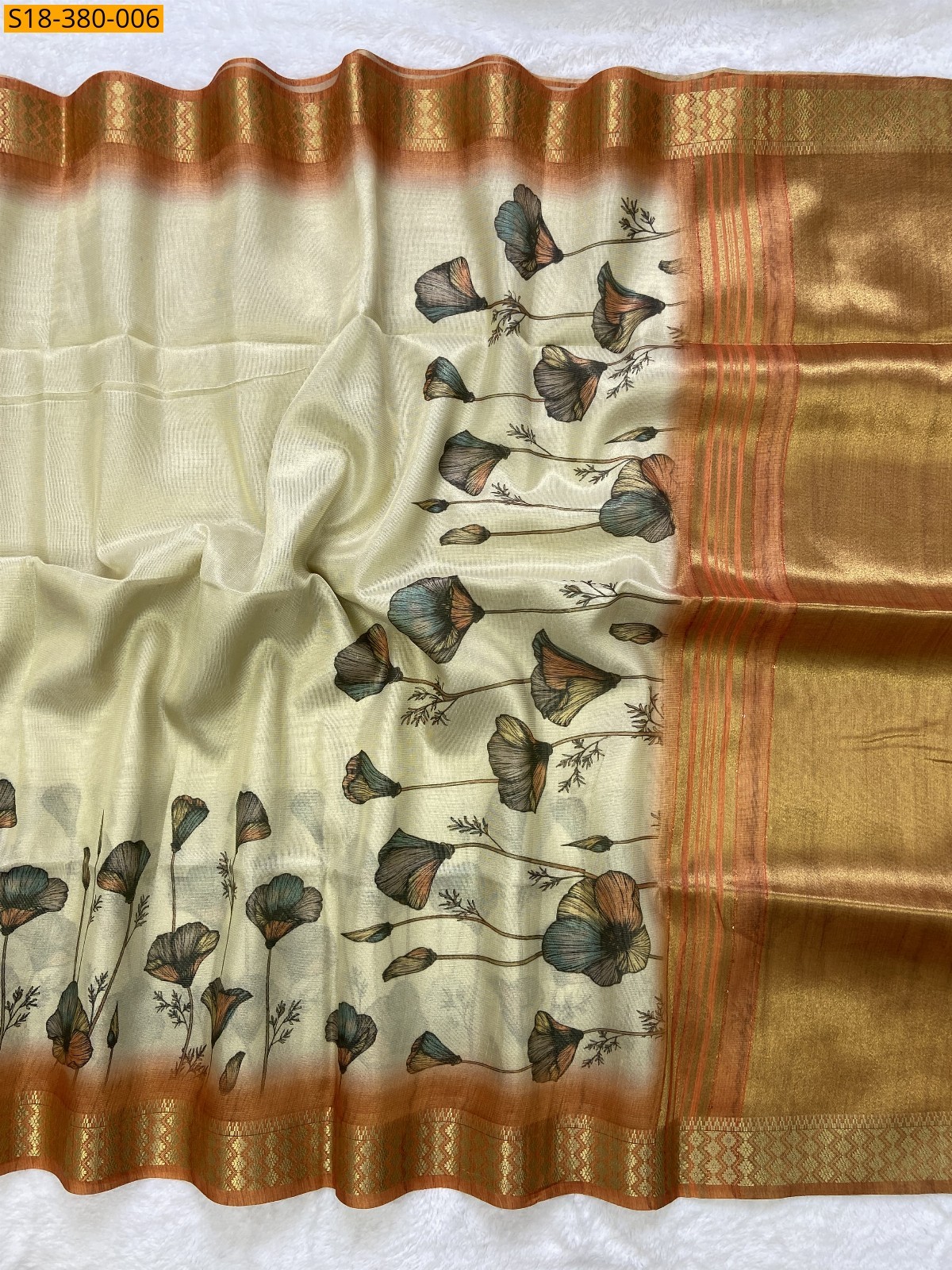 Sandal With Orange Fancy Tissue Silk saree