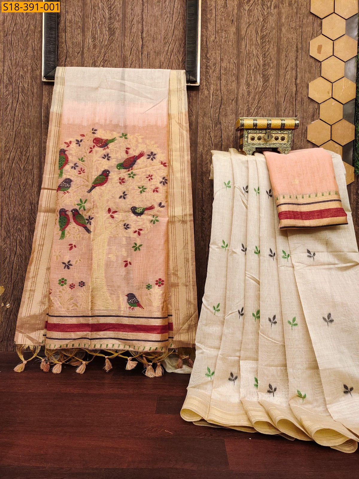 Half white with Onion Fancy Muga Cotton saree