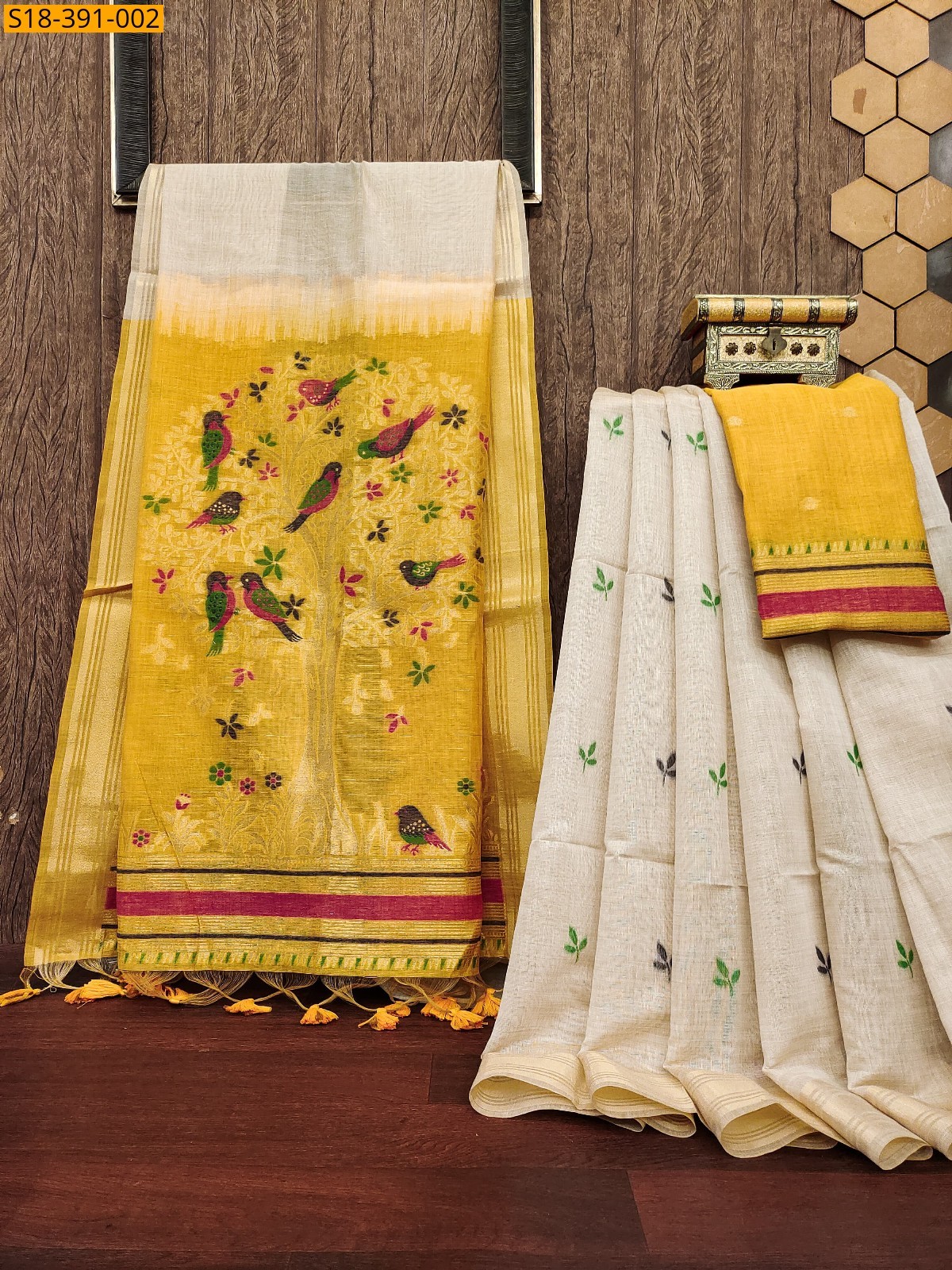 Half white with Yellow Fancy Muga Cotton saree