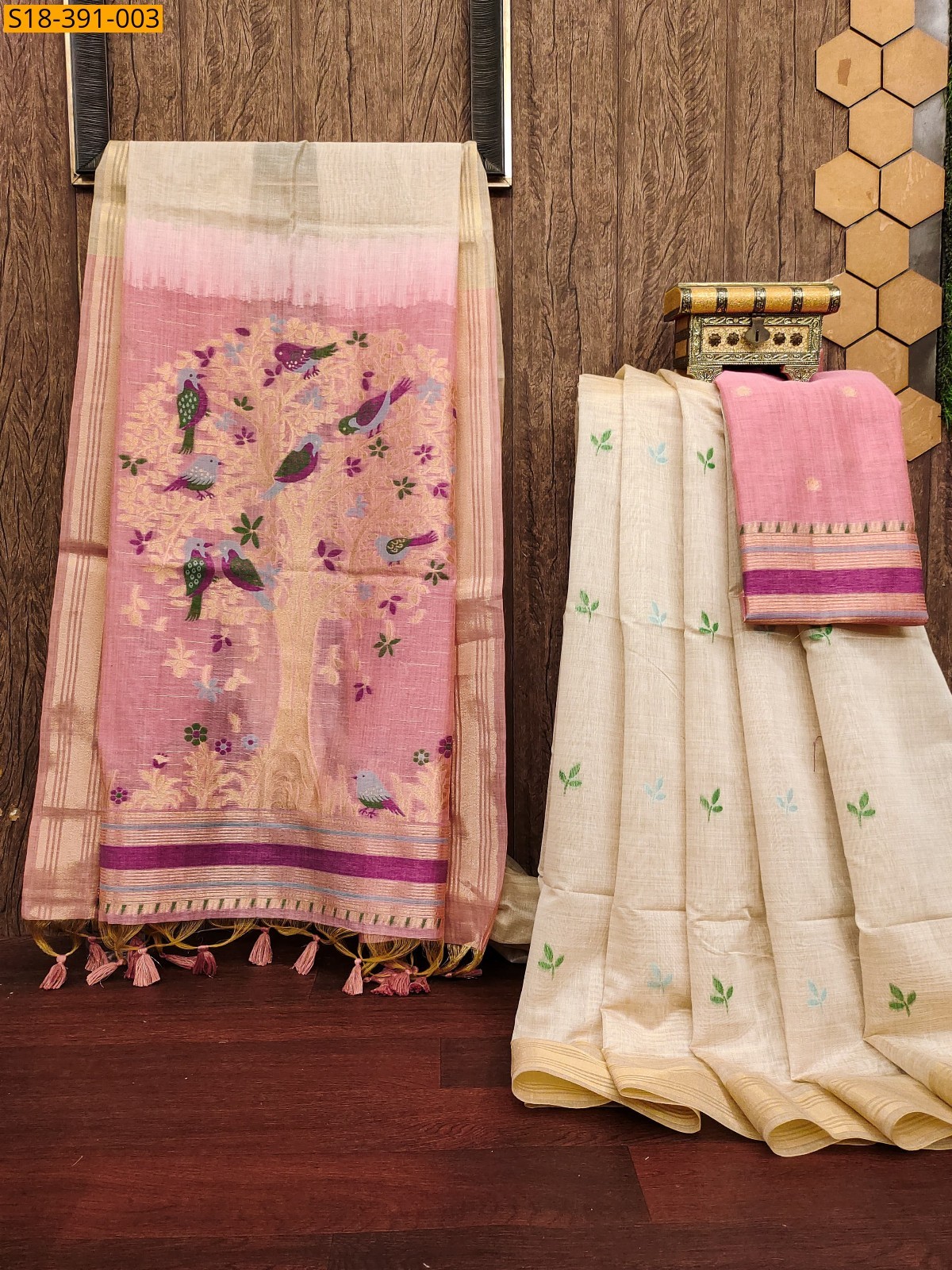 Half white with Pink Fancy Muga Cotton saree