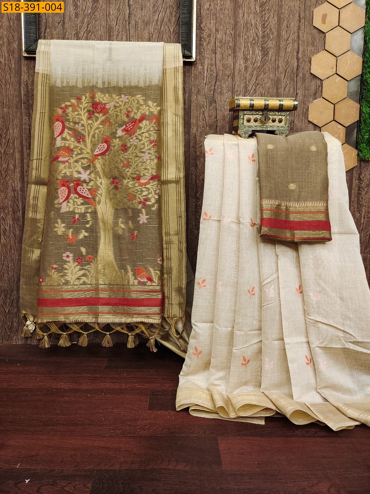 Half white with Brown Fancy Muga Cotton saree