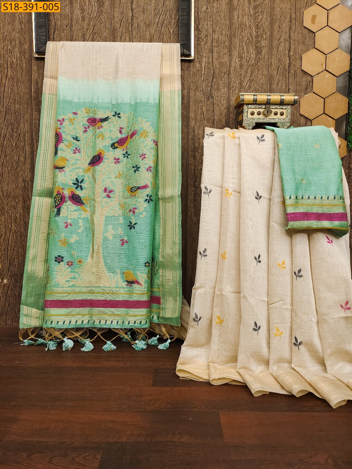 Half white with Sky blue Fancy Muga Cotton saree