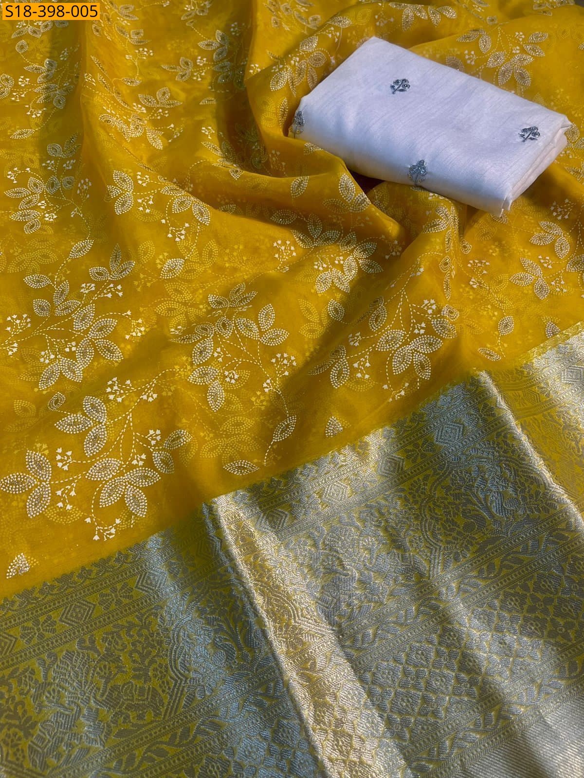 Yellow Fancy Kanchipuram Organza Sarees
