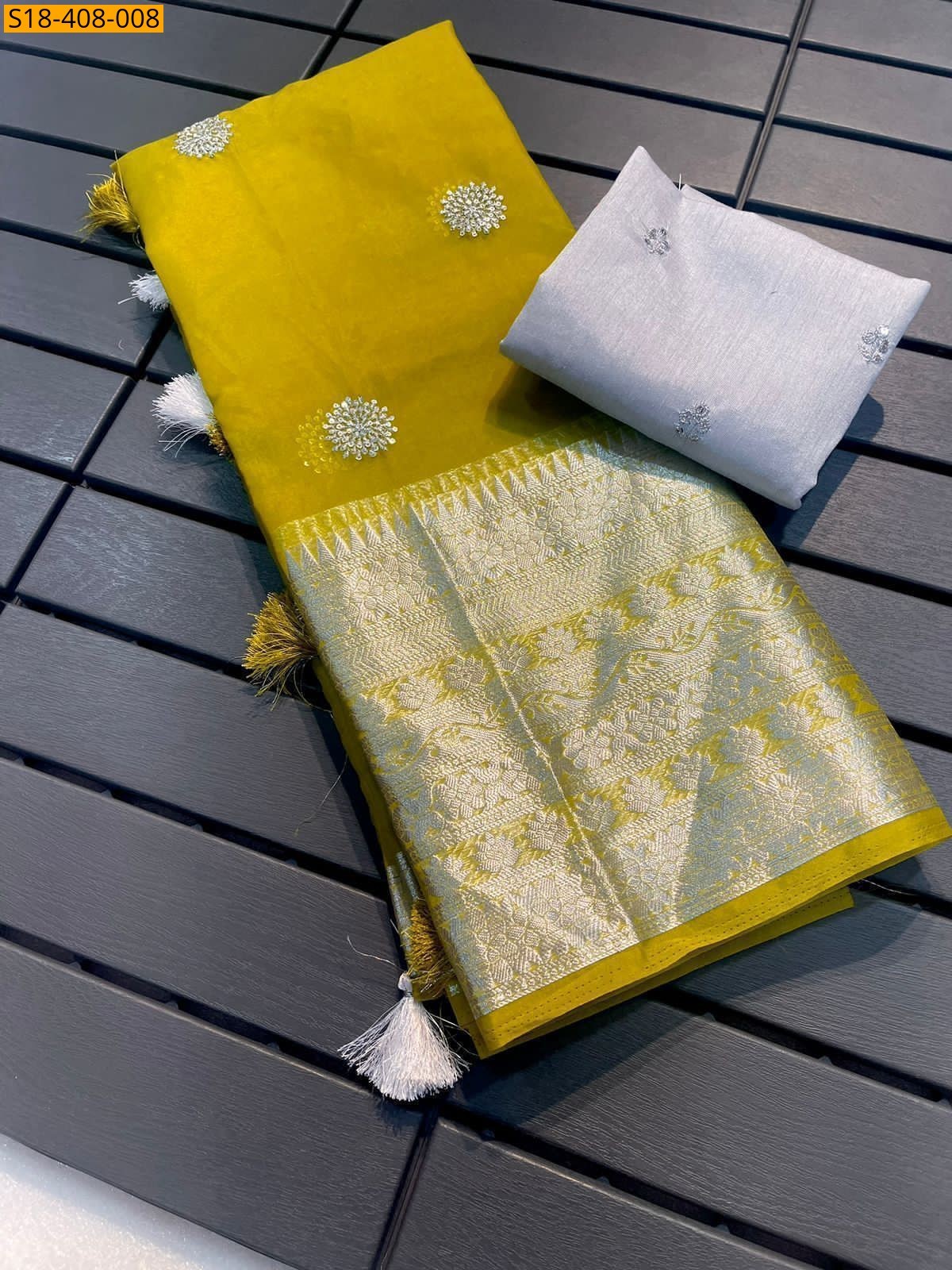 Lemon yellow Fancy Kanchipuram Organza Sarees