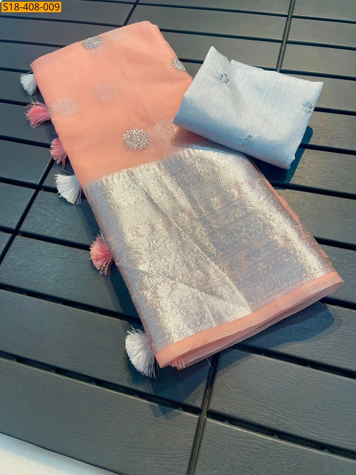 Peach Fancy Kanchipuram Organza Sarees