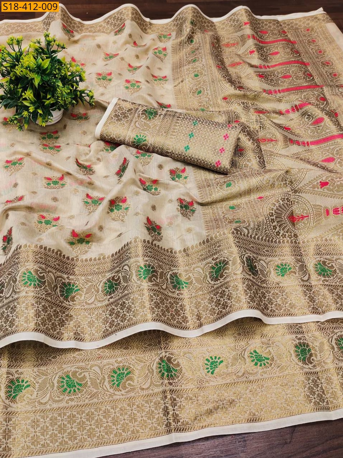 Sandal Fancy Soft Muga Cotton Saree
