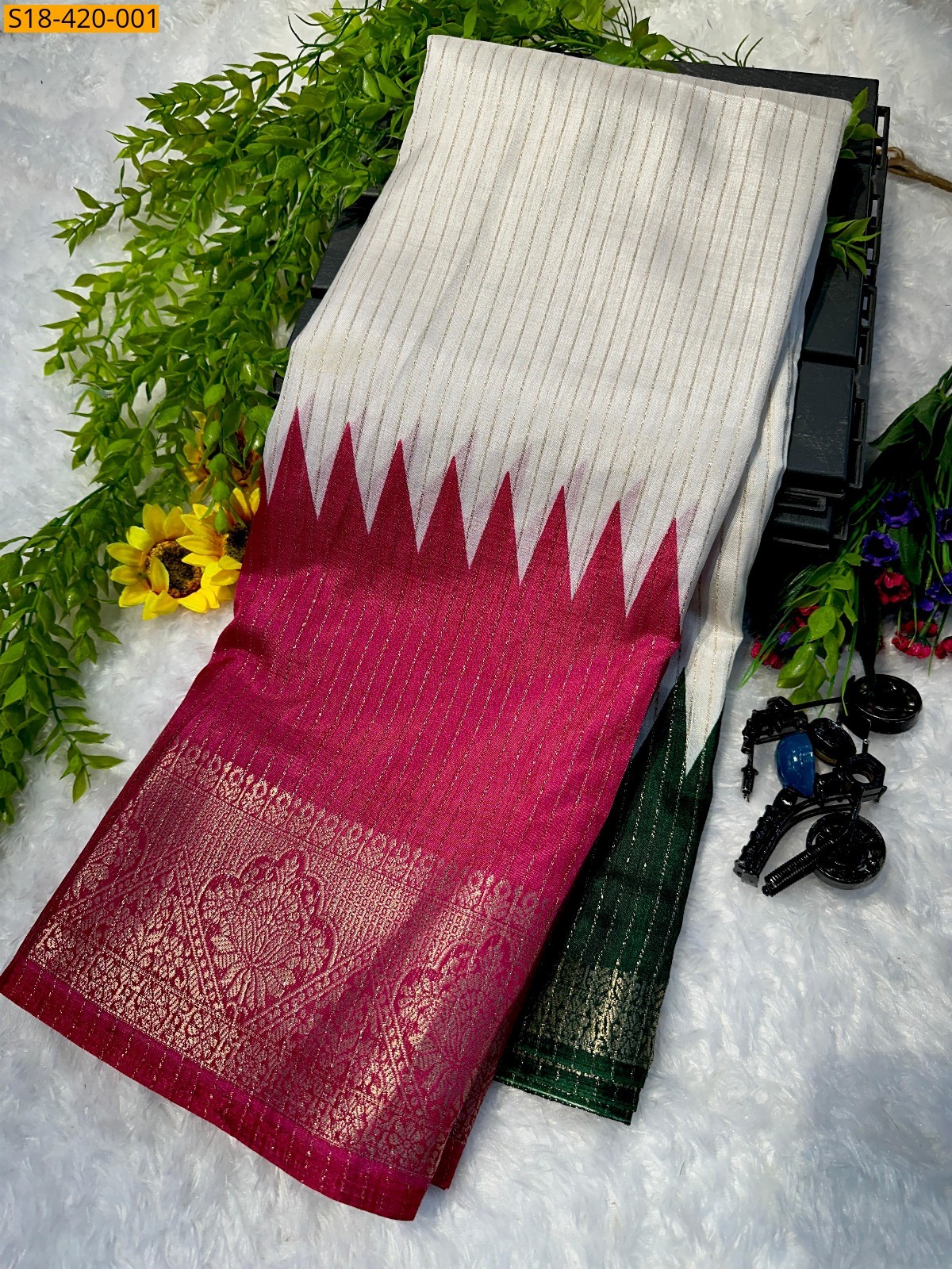 White Fancy Dola silk saree