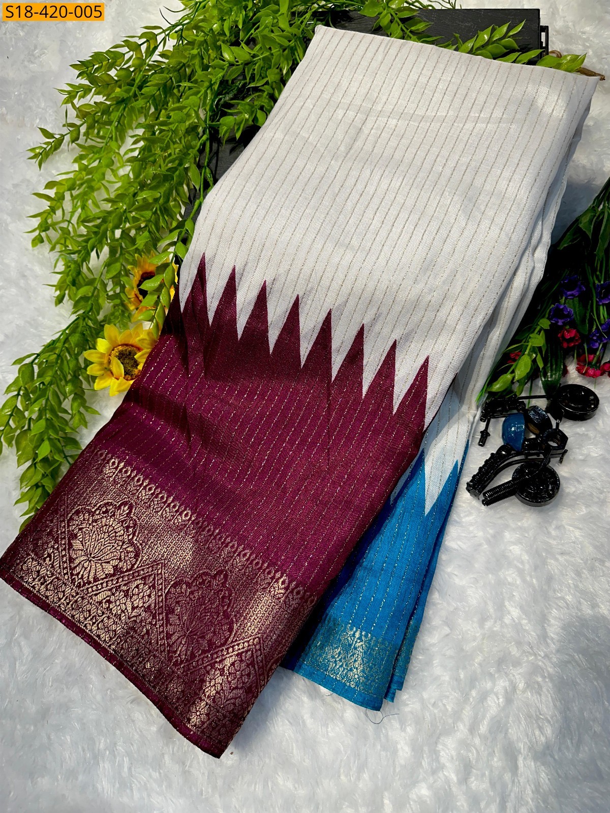 White Fancy Dola silk saree