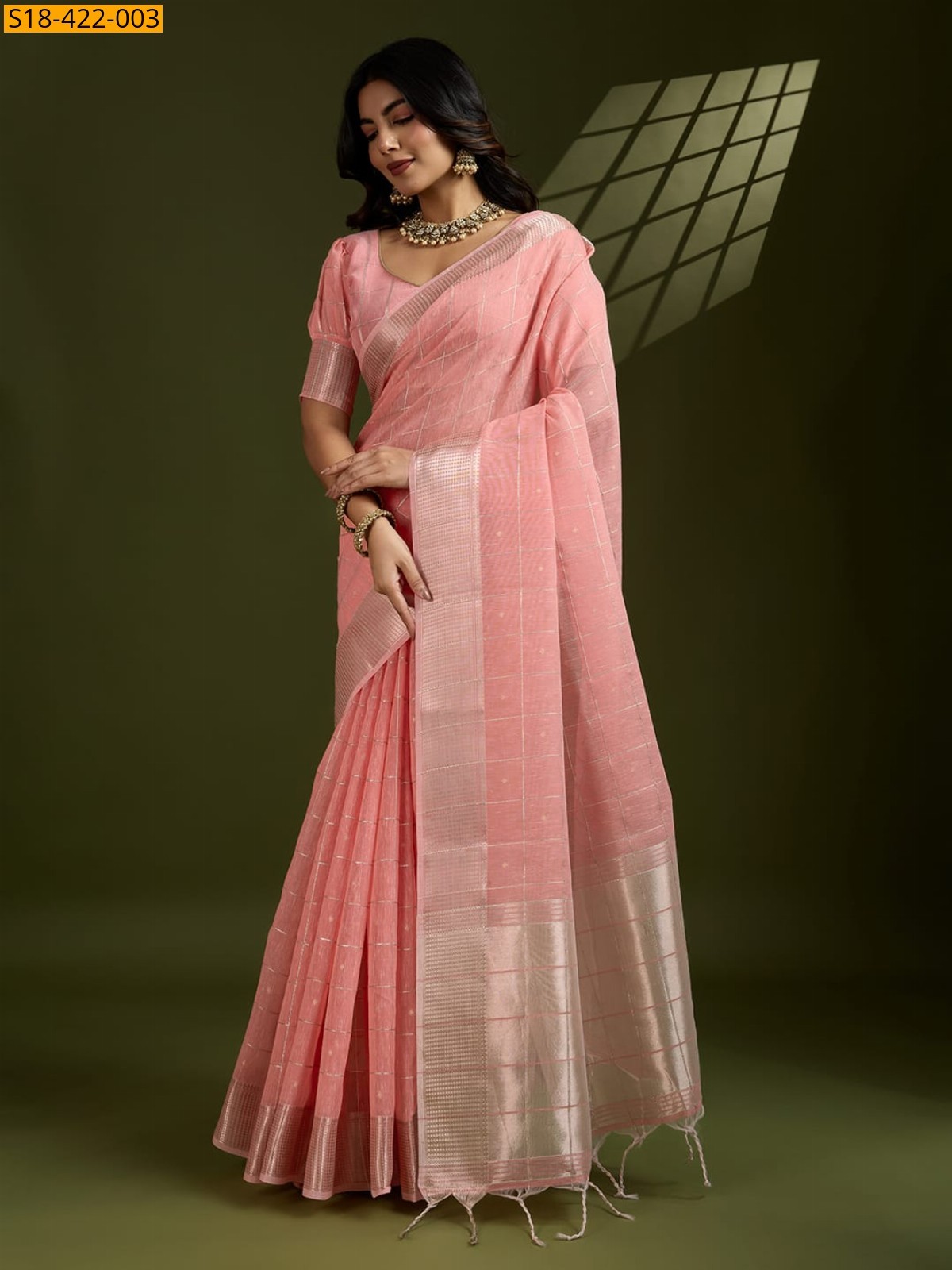 Peach Fancy Tissue Linen Silk Saree