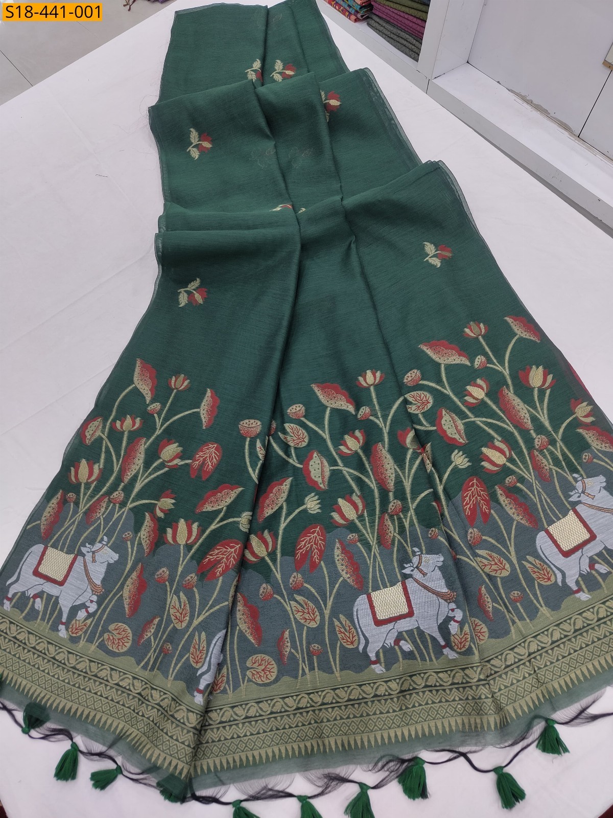Green Fancy soft muga cotton sarees 