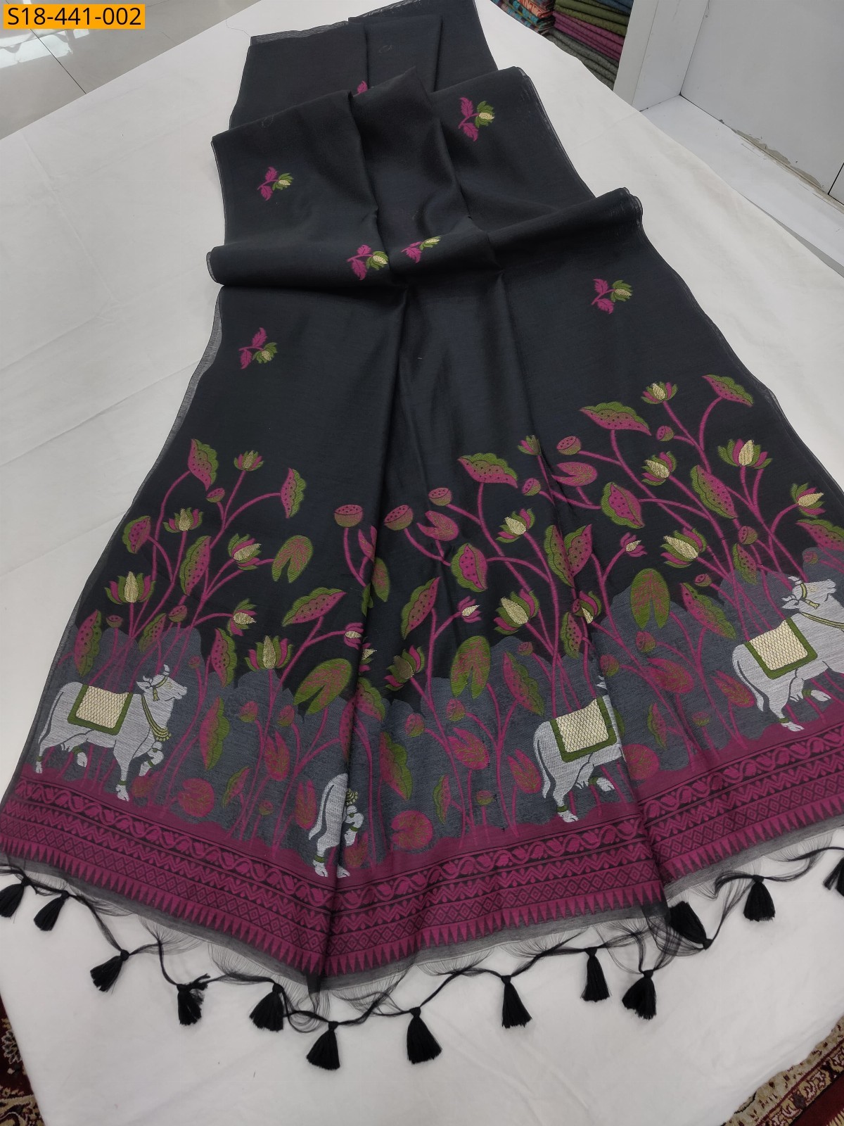 Black Fancy soft muga cotton sarees 