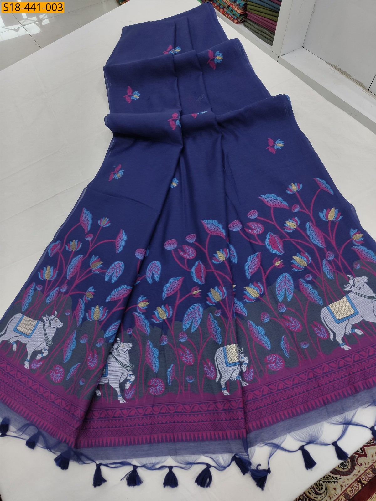Navy blue Fancy soft muga cotton sarees 