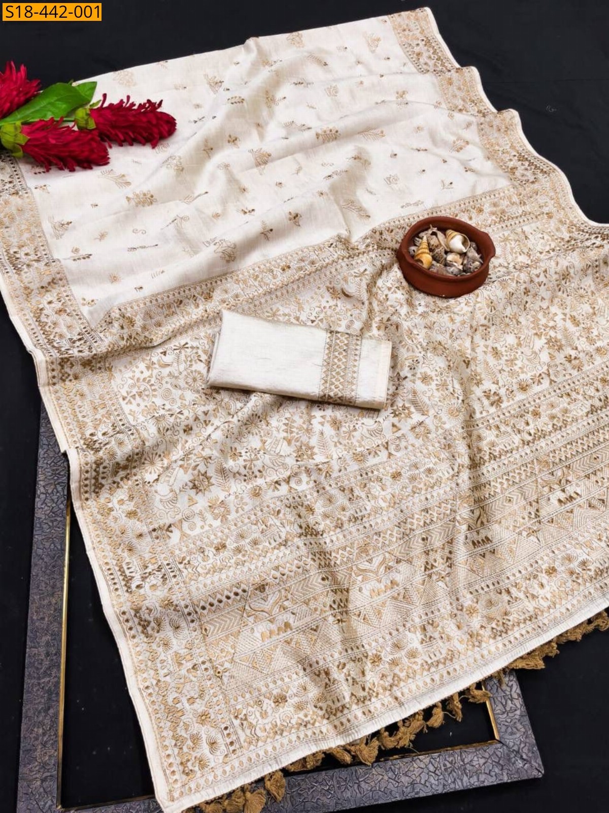 Half white Fancy Tussar Silk Embroidery Saree