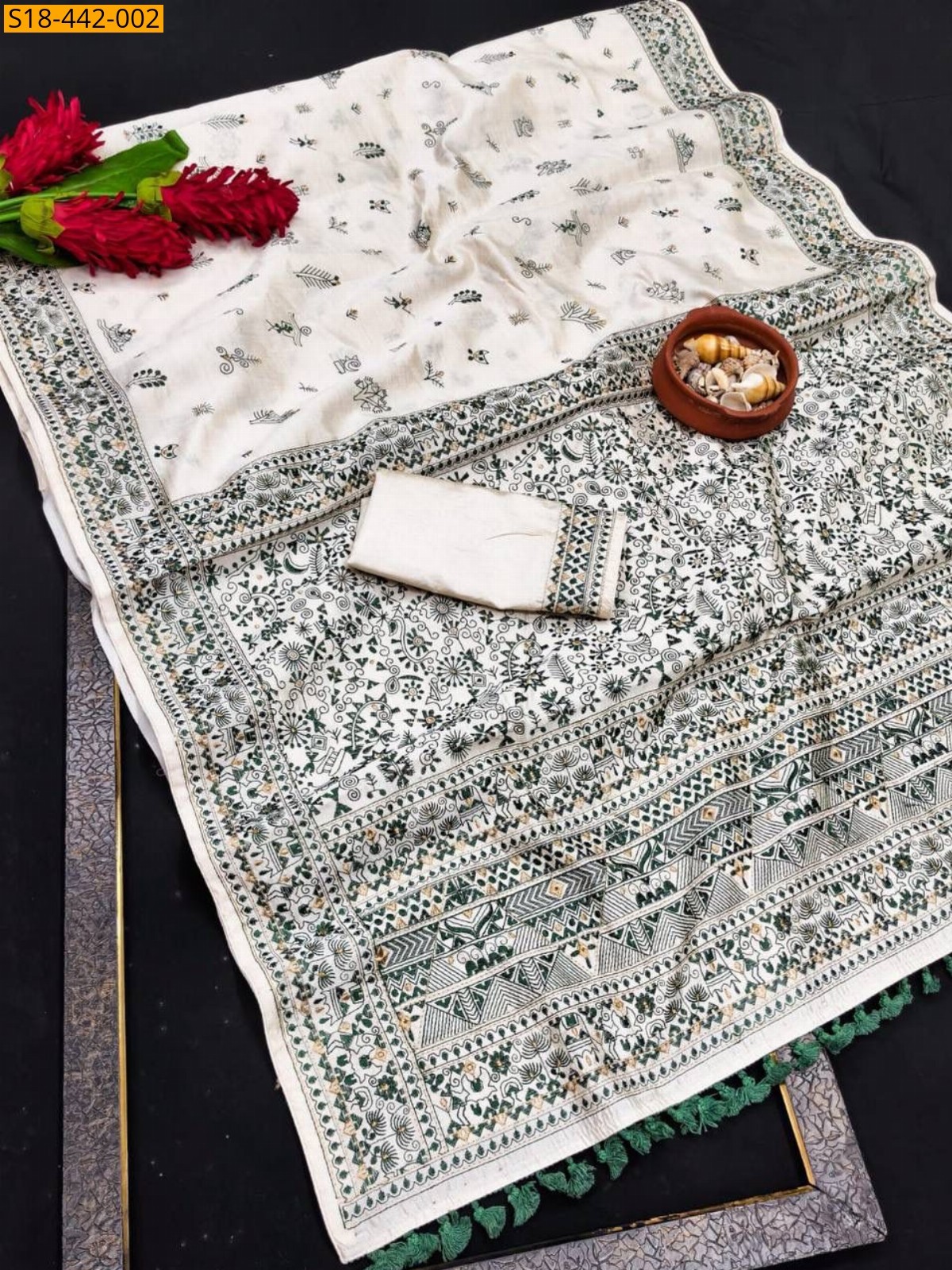 Half white Fancy Tussar Silk Embroidery Saree