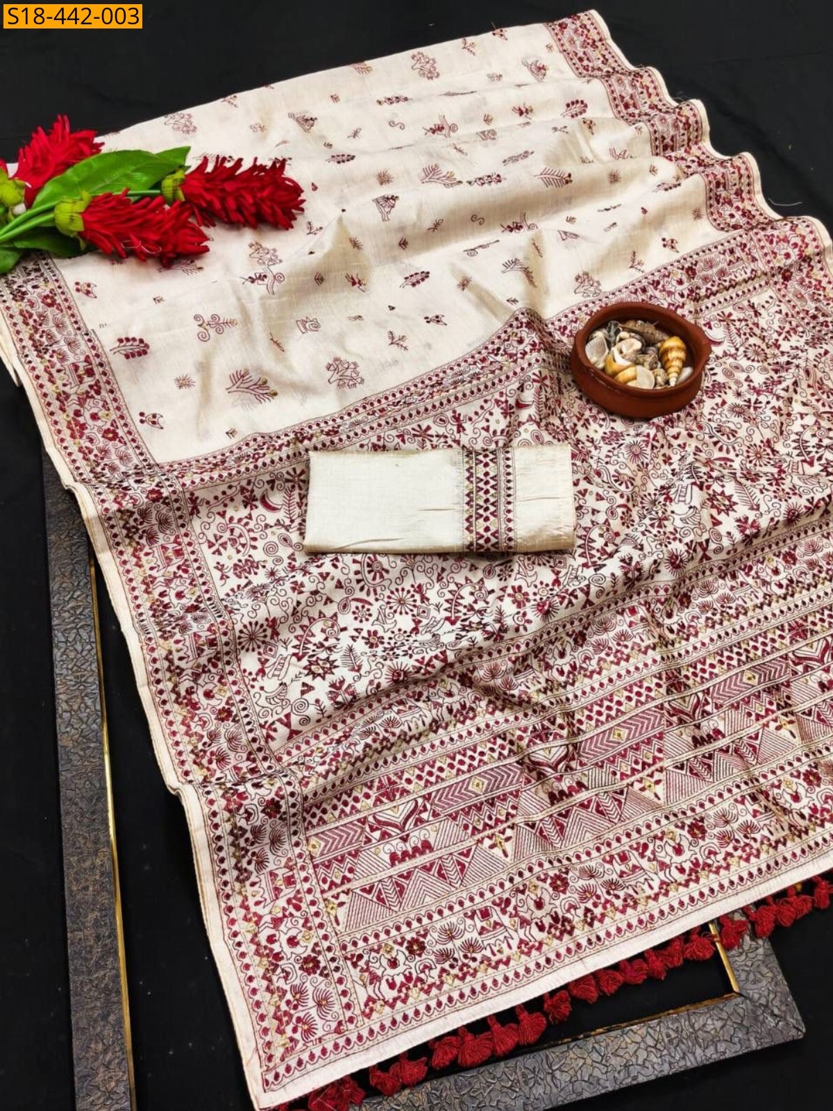 Half white Fancy Tussar Silk Embroidery Saree