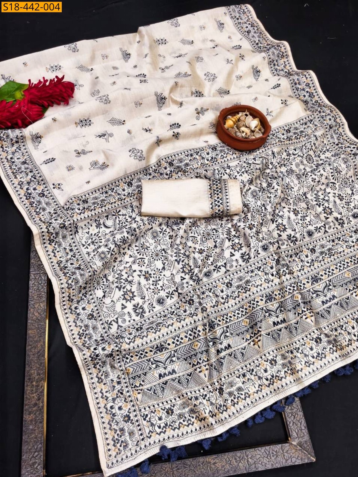 Half white Fancy Tussar Silk Embroidery Saree