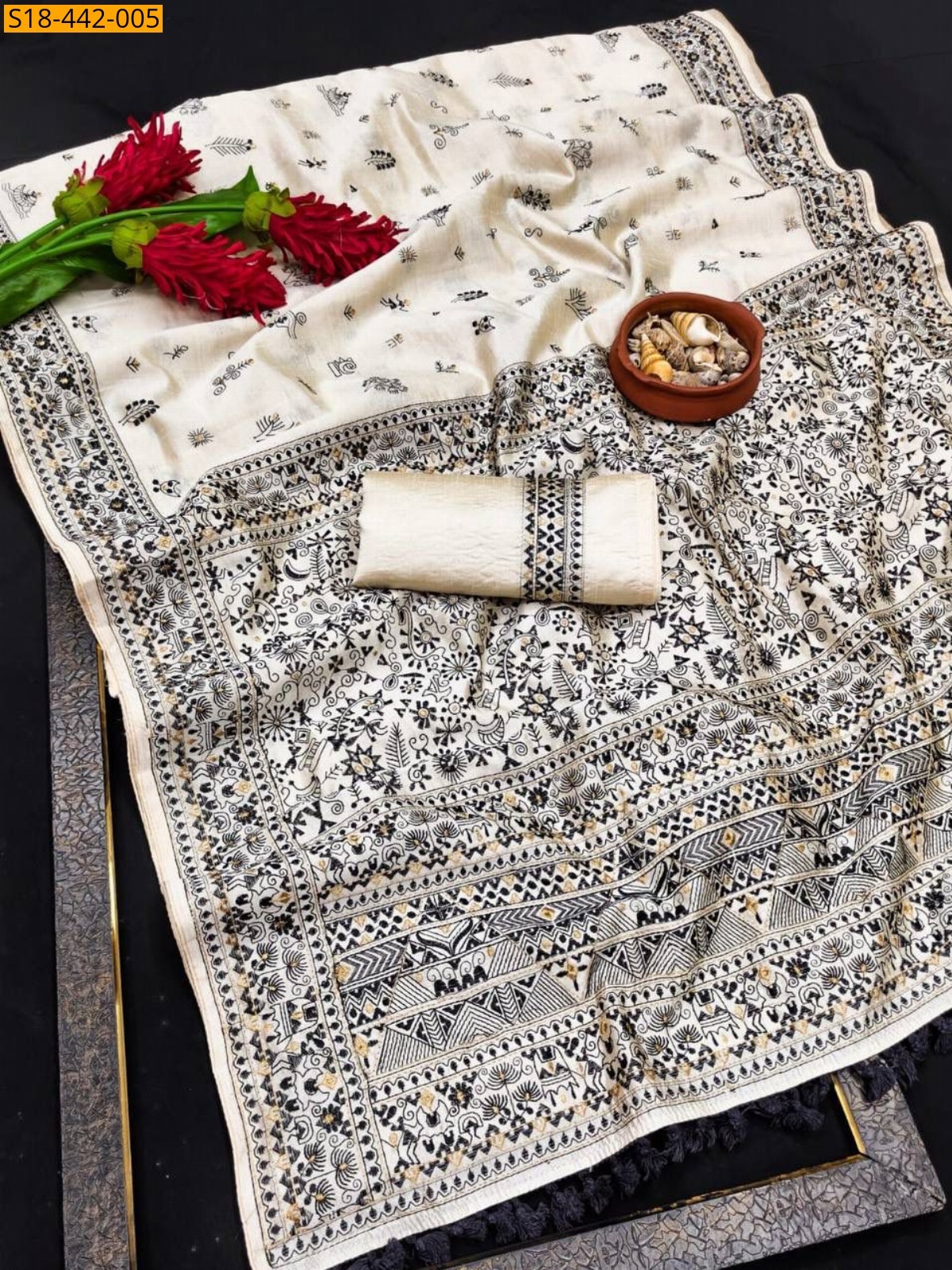 Half white Fancy Tussar Silk Embroidery Saree