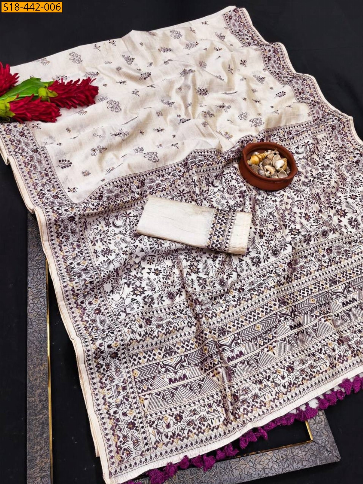 Half white Fancy Tussar Silk Embroidery Saree