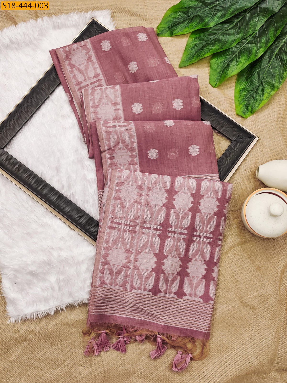 Onion pink Fancy muga soft cotton sarees