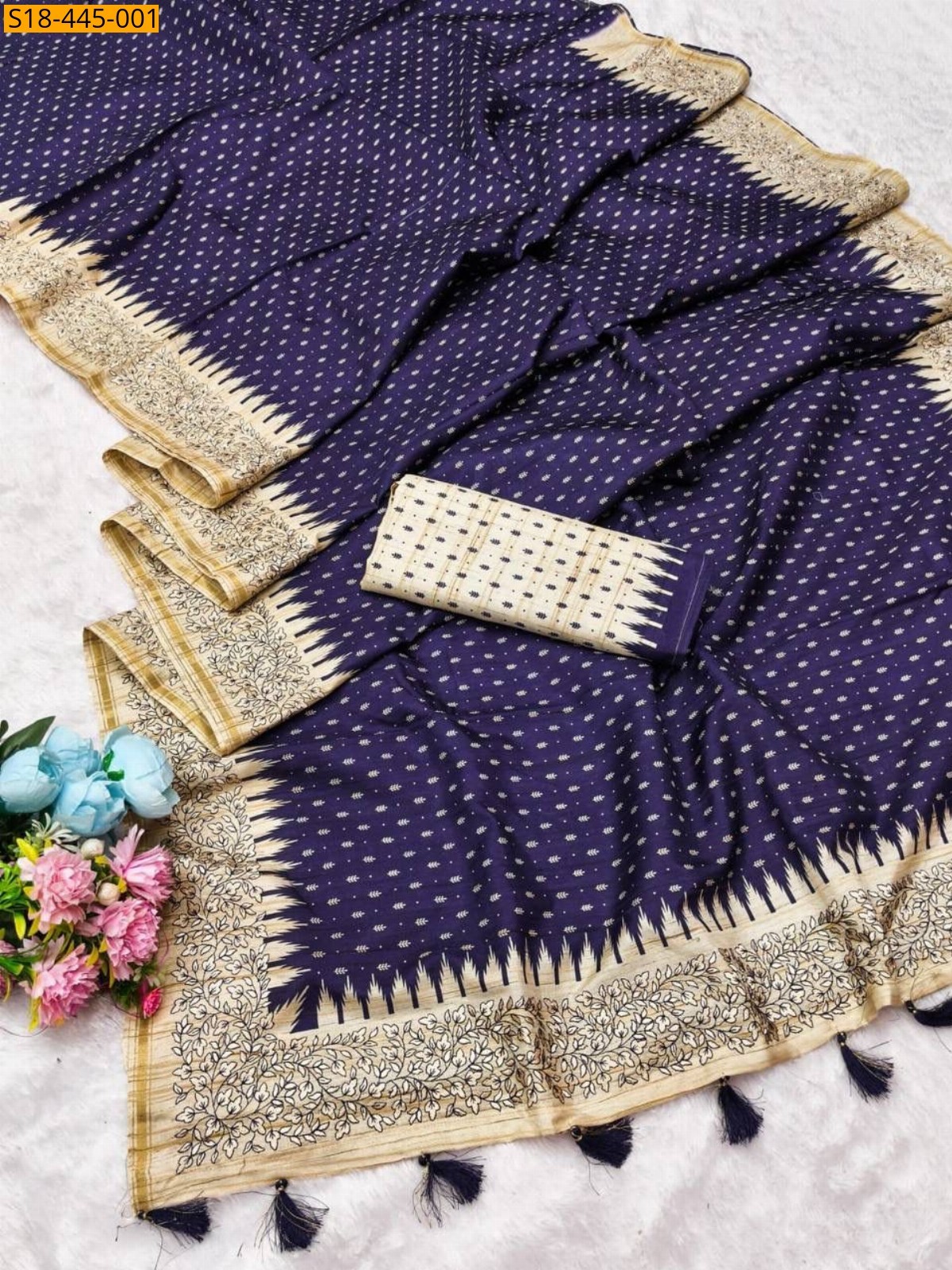 Navy blue Fancy Tussar silk embroidery sarees
