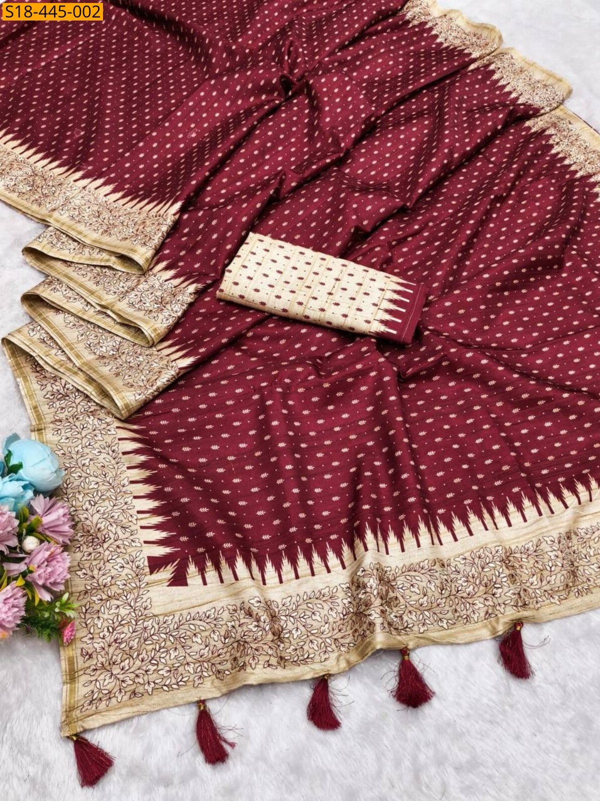 Maroon Fancy Tussar silk embroidery sarees