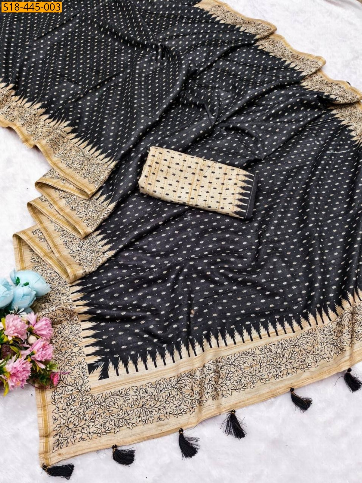 Black Fancy Tussar silk embroidery sarees