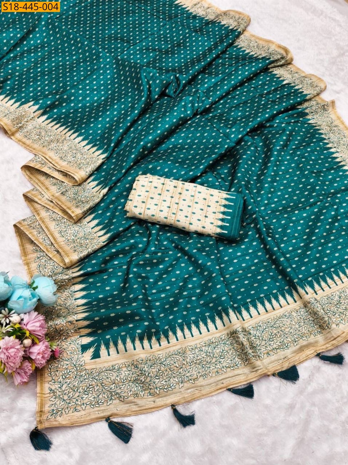 Green Fancy Tussar silk embroidery sarees