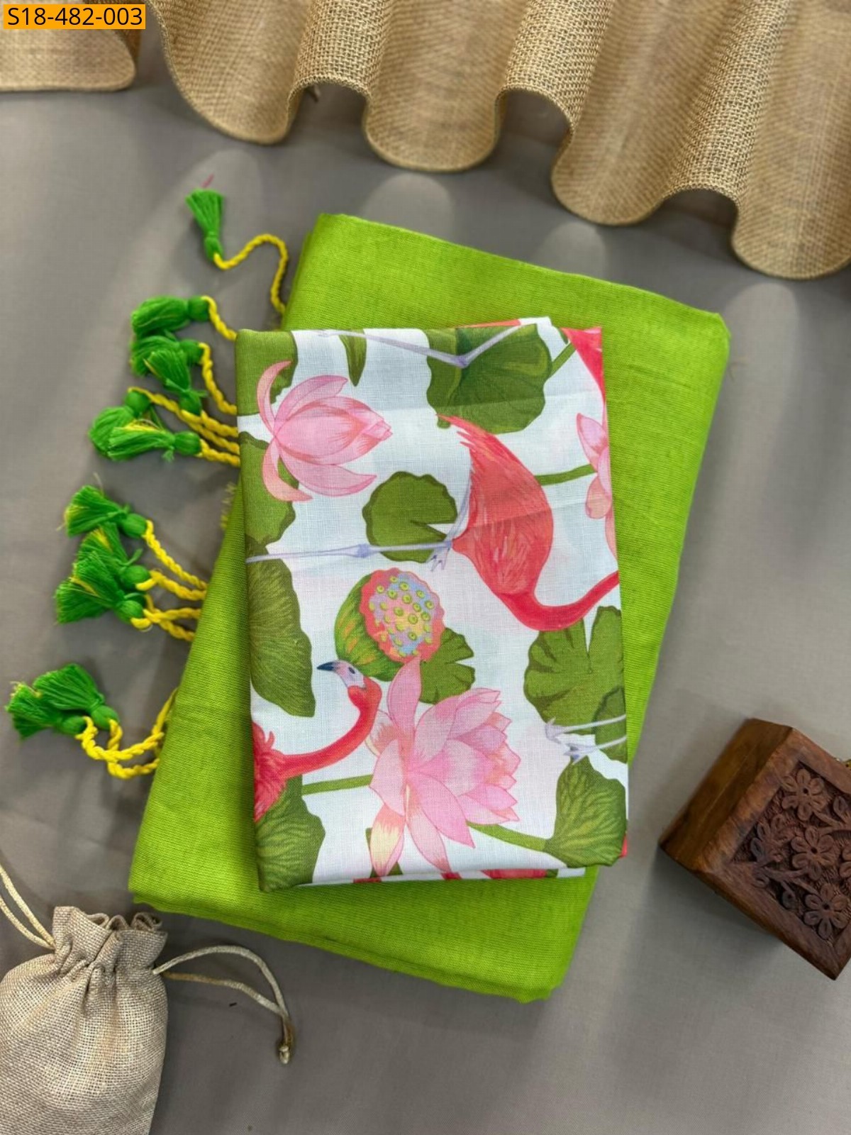 Parrot green Fancy Khadi cotton Saree