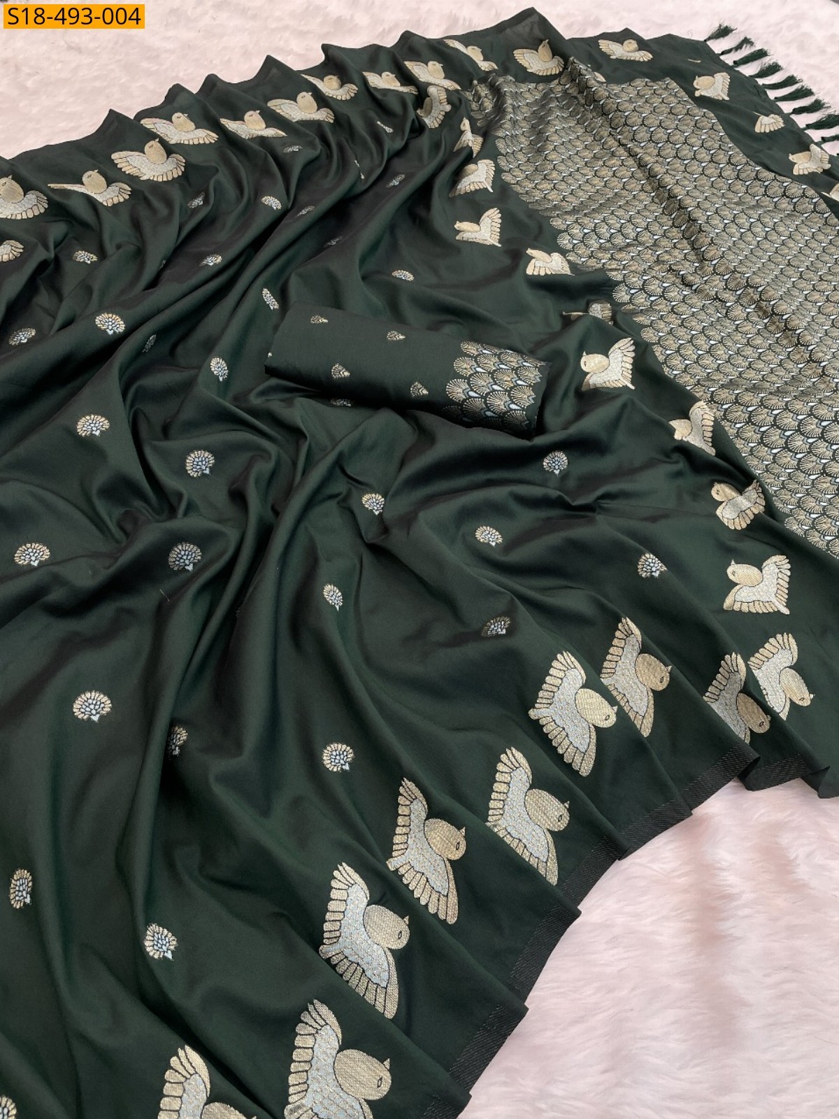 Dark green Fancy Soft Moonga Silk Sarees