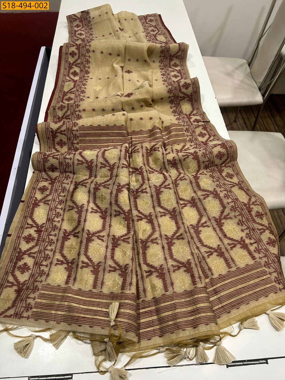 Sandal Fancy Soft Muga Cotton Sarees