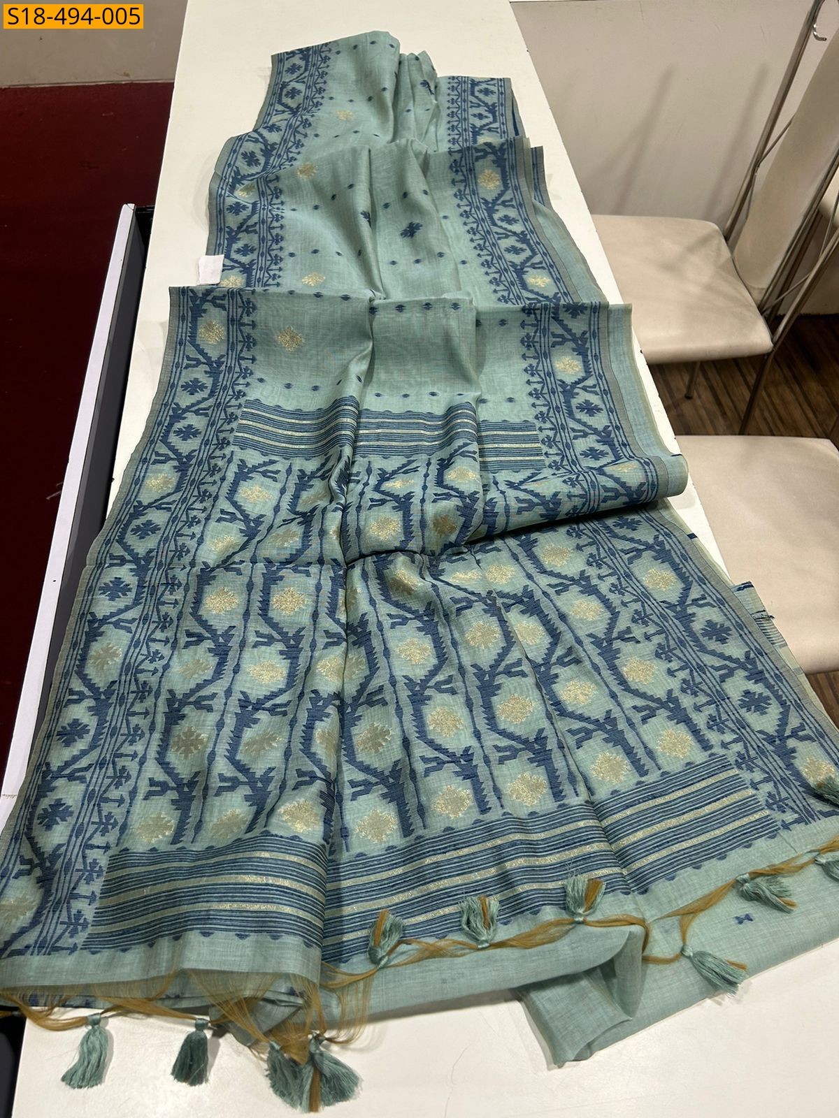 Pista green Fancy Soft Muga Cotton Sarees