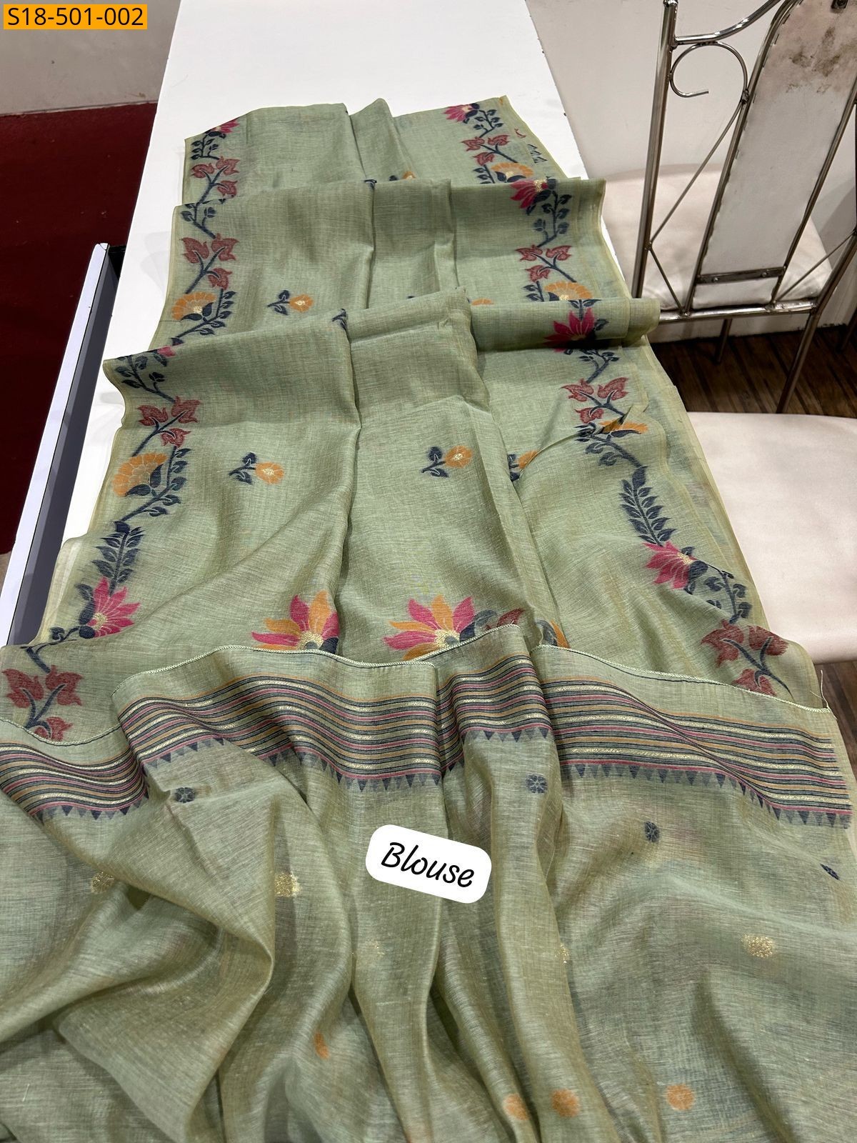 Green Fancy Muga Cotton Sarees