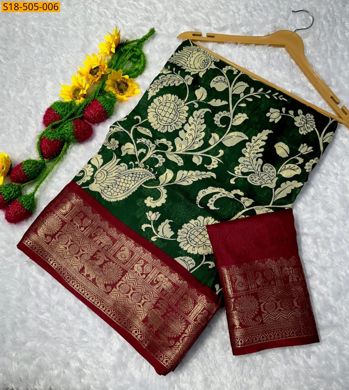 Green Fancy Mulmul Cotton saree