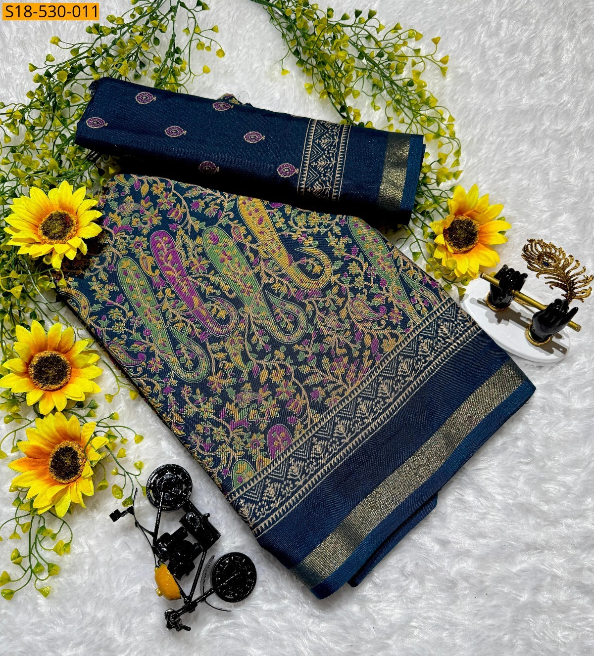 Navy Blue Fancy Mangalagiri Mul Mul Cotton Saree