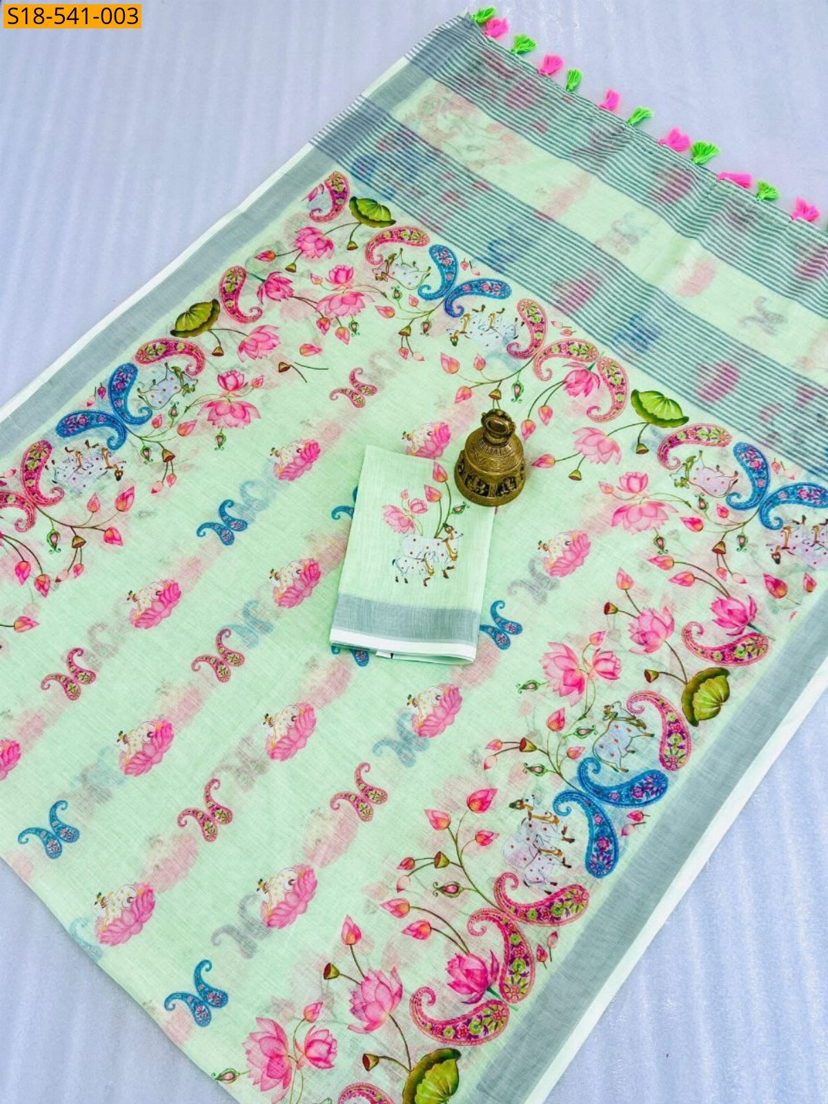 Pista Green Fancy Linen Saree