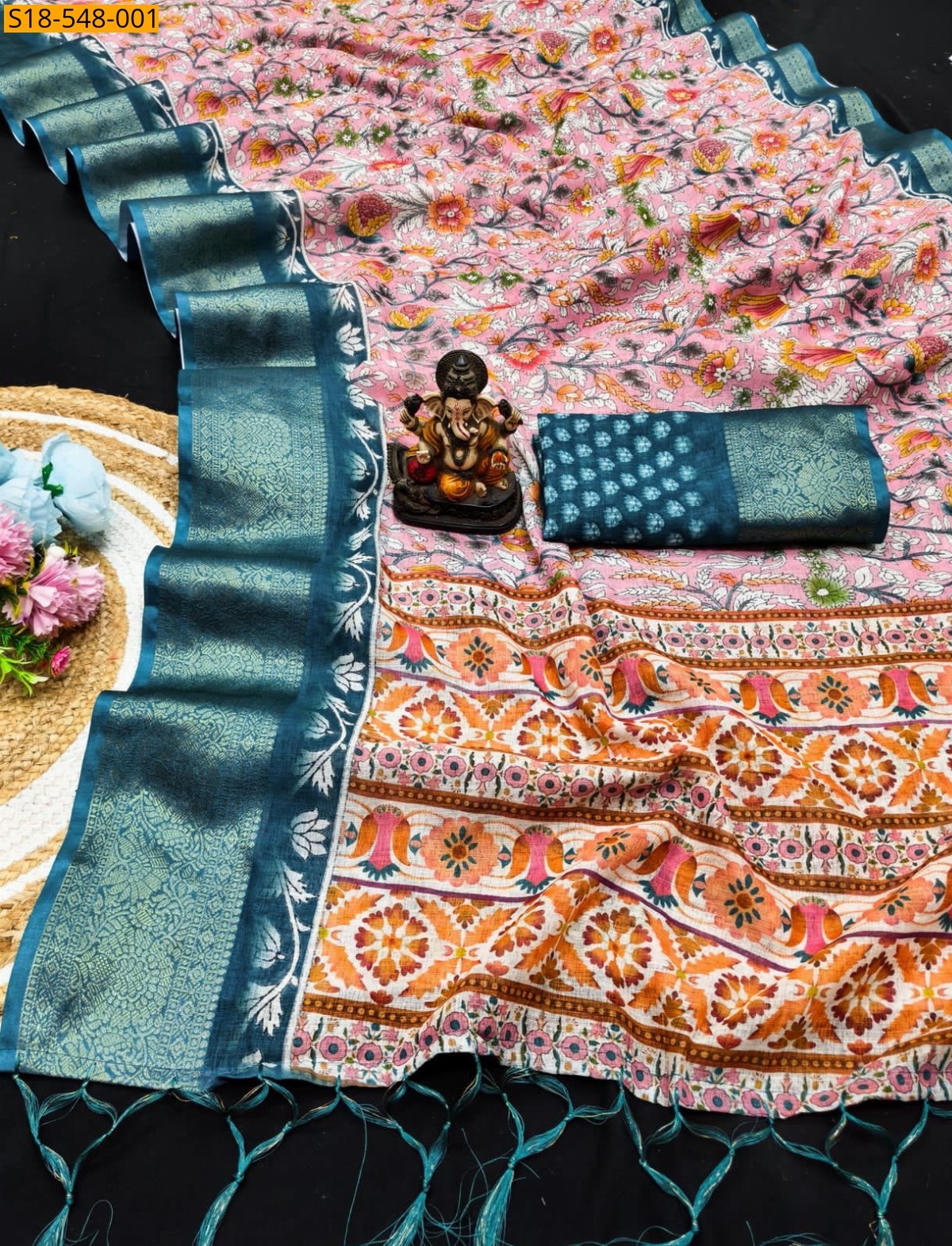 Baby pink Fancy Linen Silk Printed Sarees