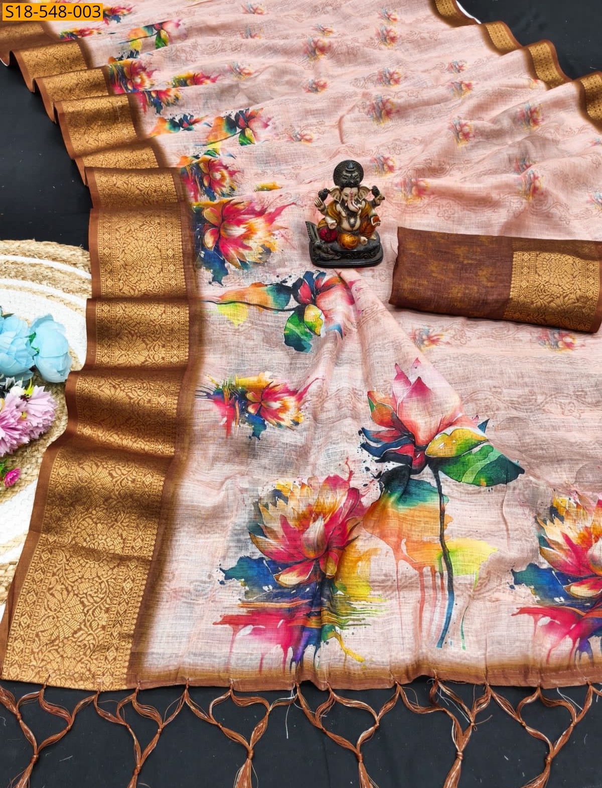 Peach Fancy Linen Silk Printed Sarees