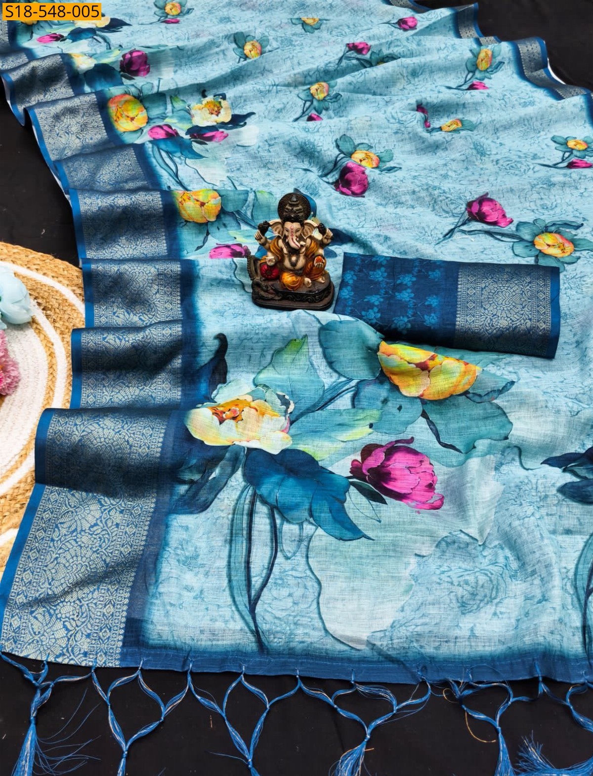 Blue Fancy Linen Silk Printed Sarees