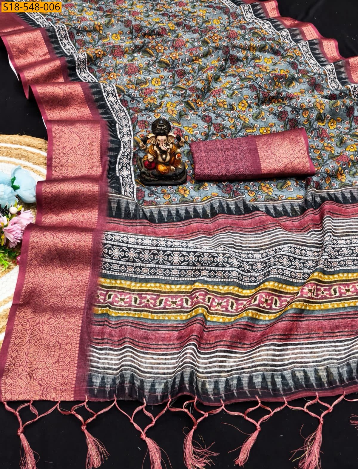 Gray Fancy Linen Silk Printed Sarees